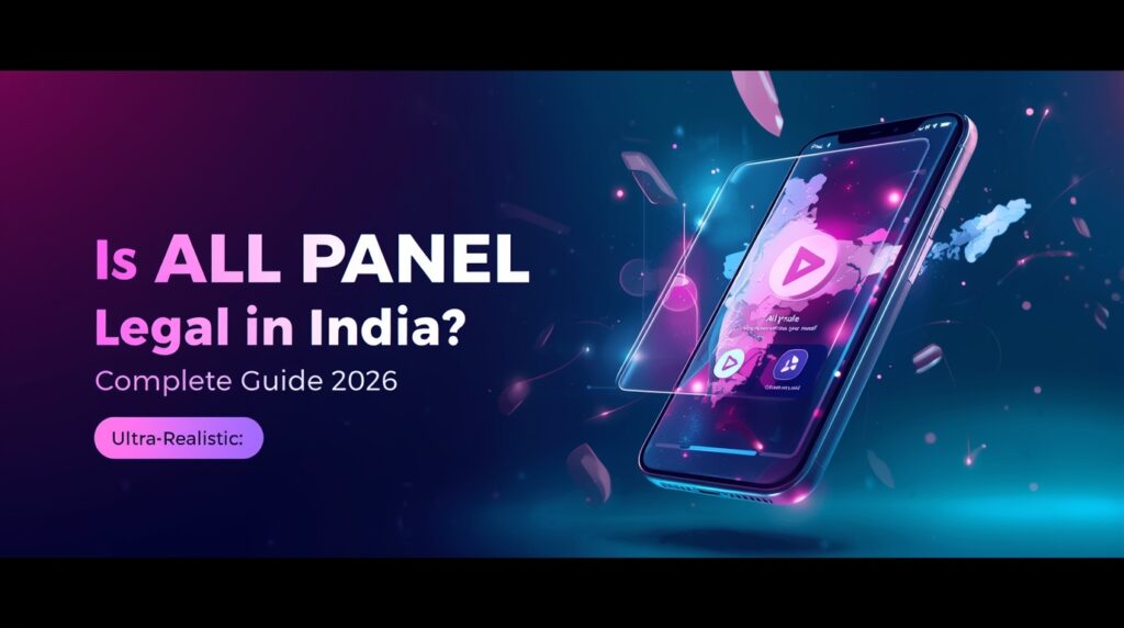 ### Alt text 3D cinematic banner with the title "Is All Panel Legal in India? Complete Guide 2026"; glowing neon panels, floating All Panel ID token, stylized Indian map silhouette, translucent smartphone showing an All Panel exchange interface, dynamic light trails, and a deep indigo‑to‑teal gradient background.
