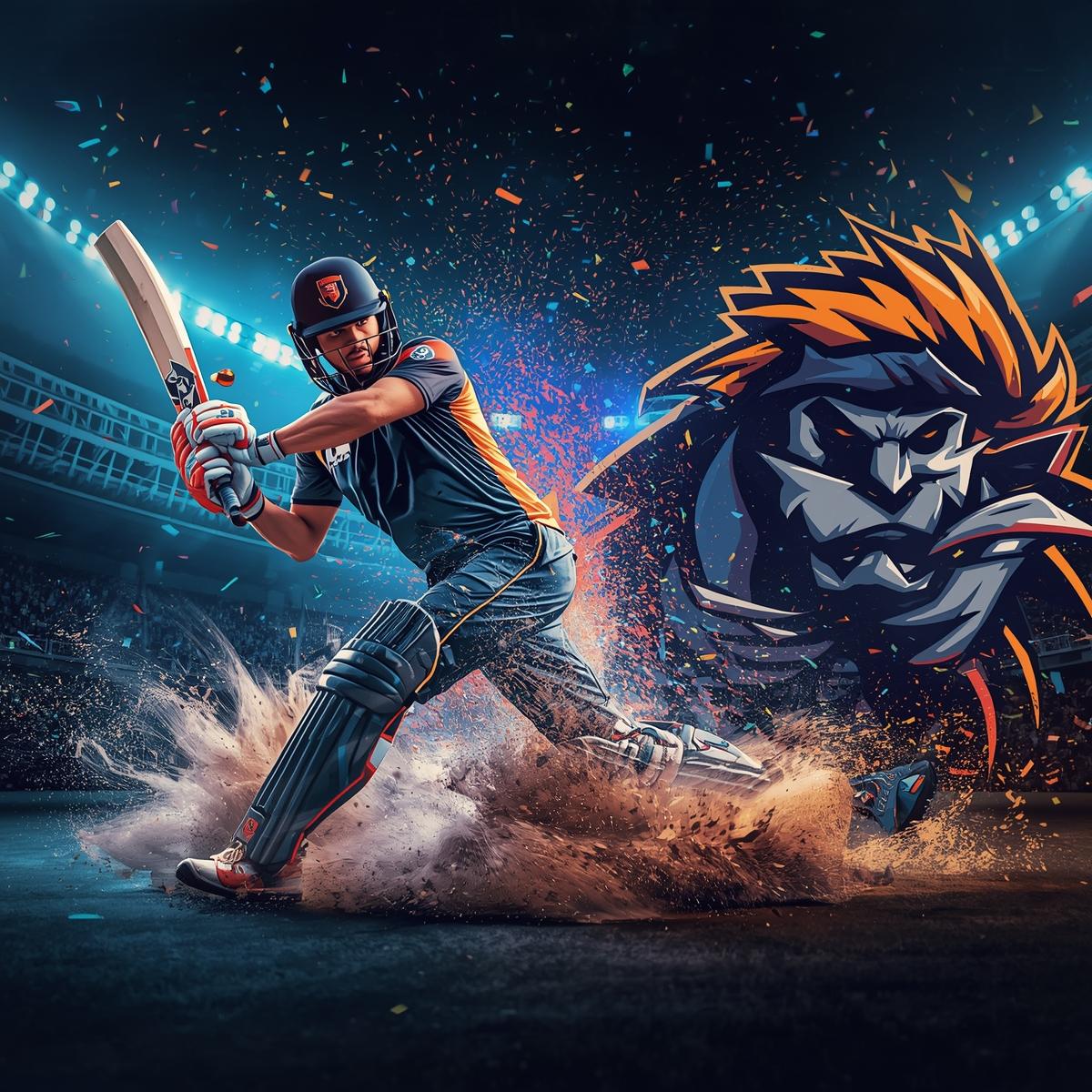 Cricket batsman mid‑shot facing a bold team avatar/mascot amid stadium lights, smoke, confetti, and neon accents, conveying high‑energy sports betting excitement.