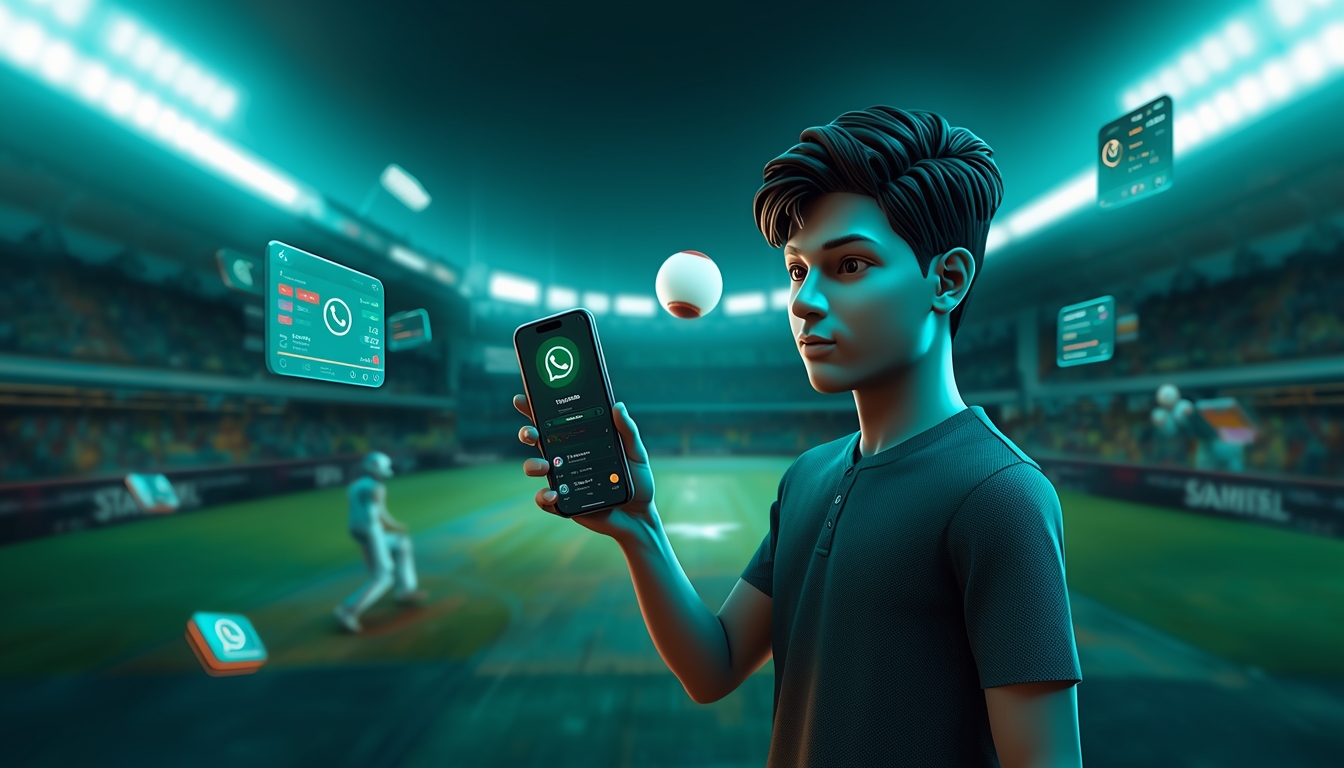 Modern 3D scene of WhatsApp Cricket ID in use, highlighting online cricket betting through All Panel with live match visuals and smartphone interface